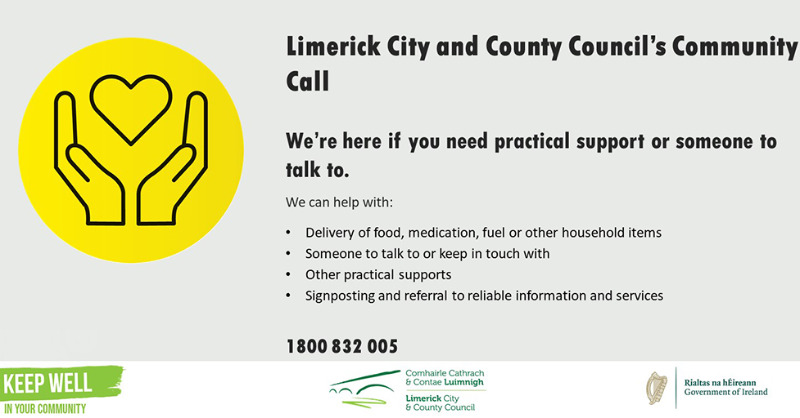 LimerickCouncil's tweet photo. Limerick's Covid-19 Community Response helpline is open from 8am to 8pm seven days a week for vulnerable and elderly people who need help during the latest Covid-19 surge #LKWorkingTogether #StaySafe
