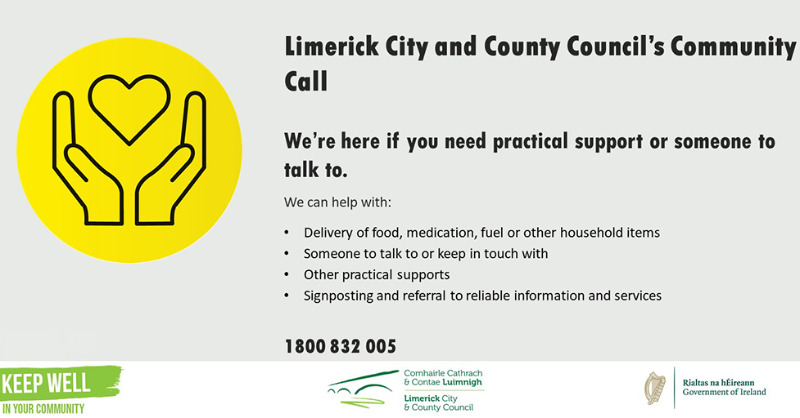 LimerickCouncil's tweet photo. Limerick's Covid-19 Community Response helpline is open from 8am to 8pm seven days a week for vulnerable and elderly people who need help during the latest Covid-19 surge #LKWorkingTogether #StaySafe