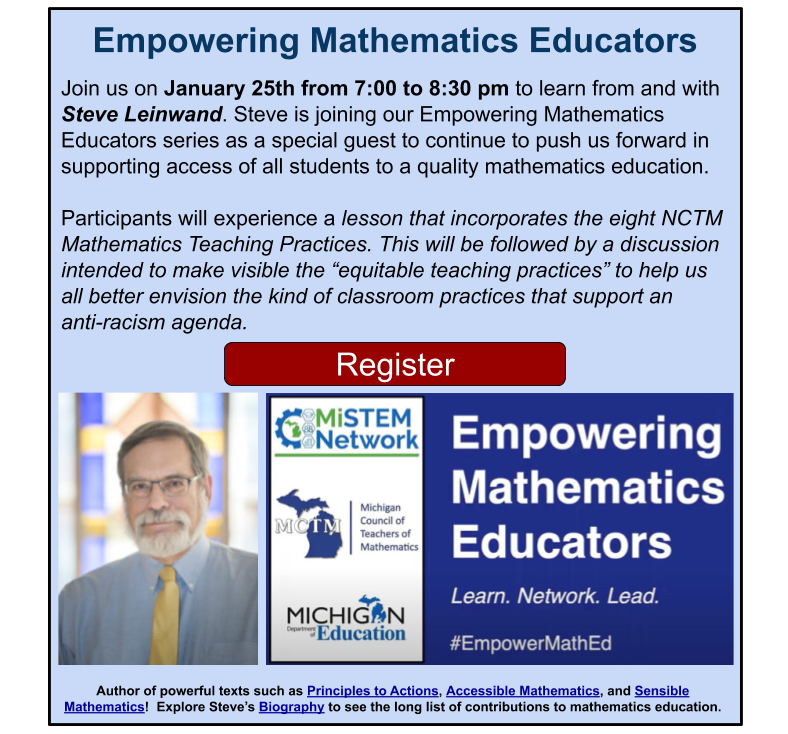 michiganmath's tweet photo. Join us to learn alongside @steve_leinwand on Jan. 25th from 7:00-8:30 pm! #EmpowerMathEd #MichME #MichED #iTeachMath

Register -> https://t.co/hCqqO6fzh8

FREE for MCTM members

$20 for a single session

$35 for MCTM membership and access to every monthly session https://t.co/O7KYOYBDYW