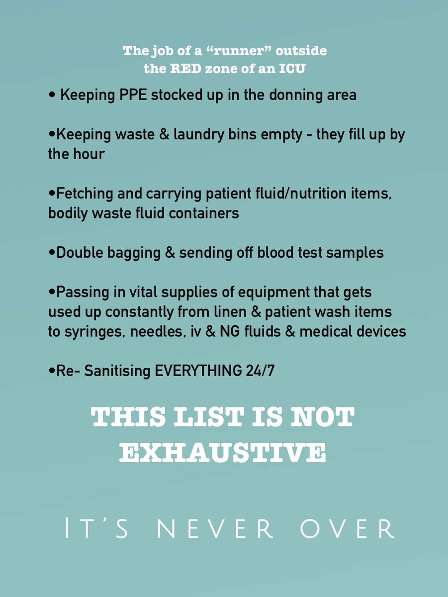 A HUGE shout out to those being called to work as “runners” outside ICU red zones
Never think you are just doing “menial” tasks
You are 100% vital to the team &amp; the nurses &amp; doctors directly caring for patients inside the ICU can’t function without you.
