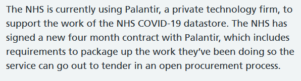 The £1m extension was also not tendered. NHSX even released a statement Palantir would be required to “package up the work they’ve been doing so the service can go out to tender”. That never happened. https://www.nhsx.nhs.uk/news/nhs-harnesses-coronavirus-forecasting-tech-help-save-lives/