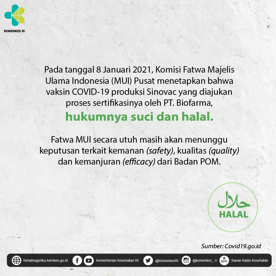 Komisi Fatwa MUI secara resmi menetapkan vaksin COVID-19 produksi Sinovac suci dan halal untuk digunakan. 

Hal ini tertuang dalam Fatwa MUI No 2 Tahun 2021 tentang Produk Vaksin COVID-19 Dari Sinovac Life Sciences Co. Ltd China dan PT. Bio Farma (Persero).
