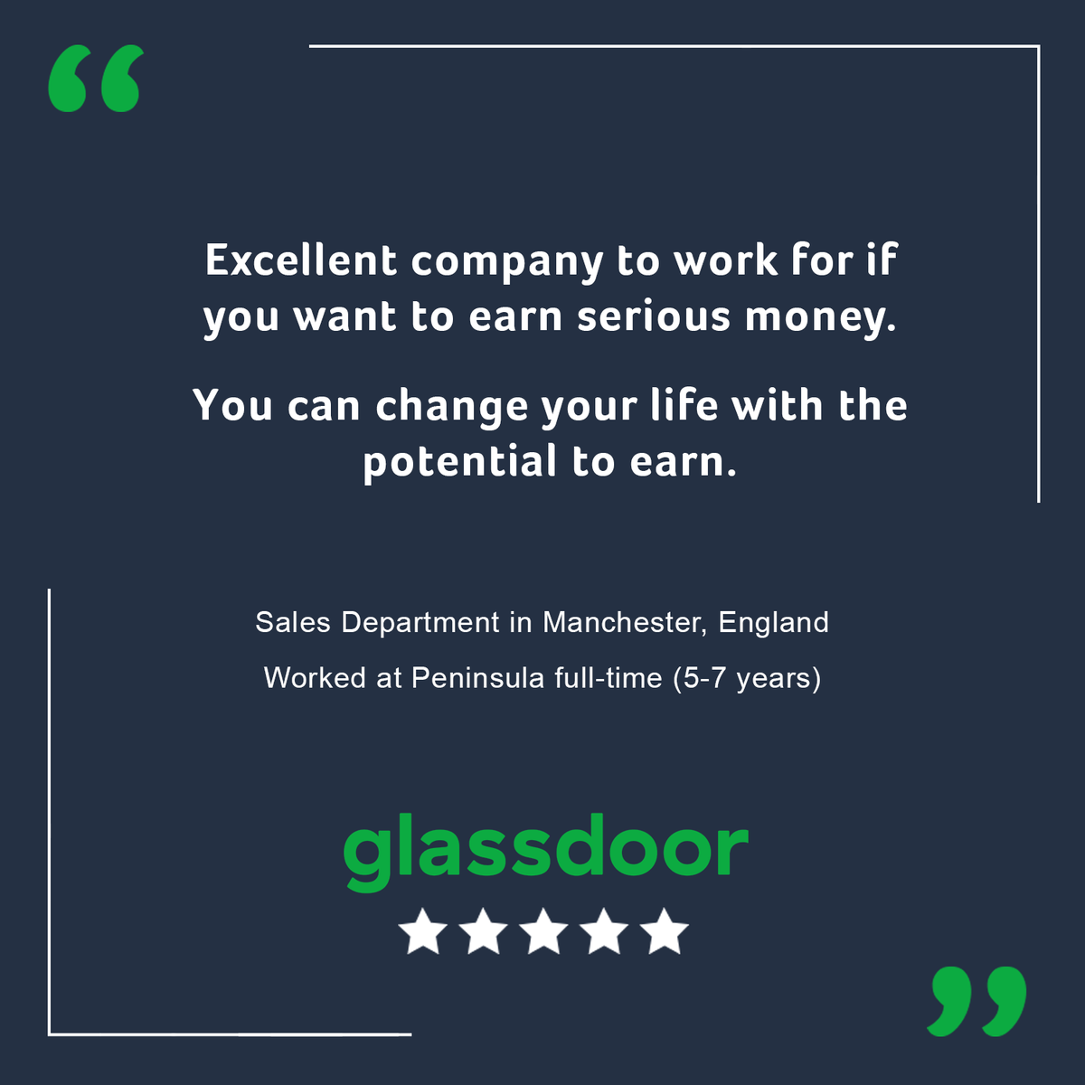 Super Glassdoor employee review!Uncapped commission! Along with a great working environment &amp; super team!This is a fantastic opportunity!So if you're a Sales Executive looking for your next role,get in touch! recruitment@peninsula-uk.com  #Manchester #Jobs #Sales #B2B #Telesales