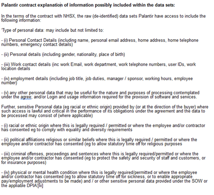 Older contracts issued under emergency procurement rules showed Palantir were given access to patient genders, nationalities, work IDs, religious/political beliefs, physical & mental health conditions and past criminal offences.