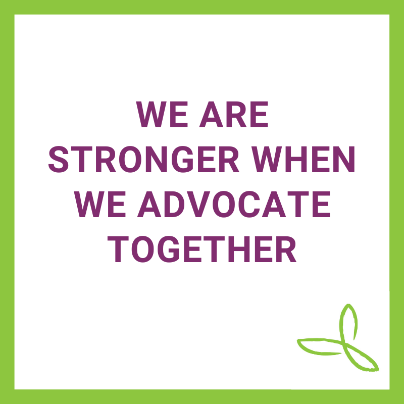 Graphic with text saying "we are stronger when we advocate together". There is an Ontario Nonprofit Network logo in the corner of the graphic.