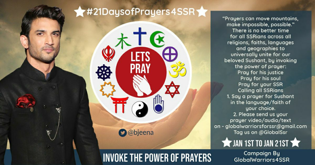 GlobalSsr's tweet photo. #21DaysOfPrayers4SSR
Prayers move mountains,make impossible possible
There's no better time4SSRians across all faiths,languages&amp;geographies2universally unite4 @itsSSR by invoking power of prayer: 
Pray for his justice
Pray for his soul 
Pray for your SSR

 #PrioritizeSSRJustice https://t.co/8y6gzzWLqX