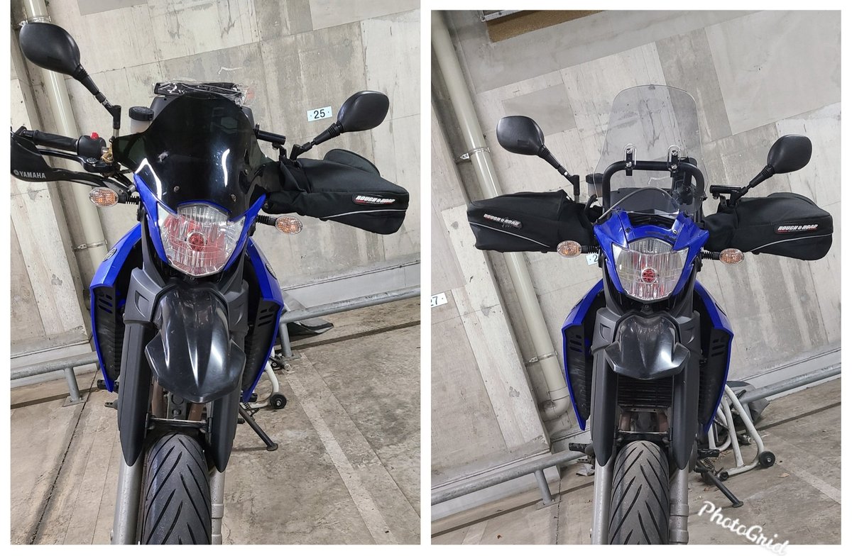 suzring's tweet photo. ZETAのアドベンチャーウィンドシールド(WR250X/R用)を、#XT660X に取り付けた。
無事付いた。
今までのはワイズギアのシールド。
撮影角度が違うのがアレだが、シールドは15cm位上に伸びたと思う。
今まで高速で顔に風が当たって寒かったので、それが解決できるといいなぁ。
#通勤仕様
#XT660 https://t.co/3AcPXCy00y