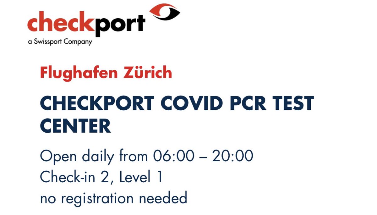 Great news for travelers.
Checkport Switzerland, in partnership with ender diagnostics, and SWISS Analysis, have launched a new PCR-based COVID-19 Test Center at @zrh_airport. Test results and certificate in 5 hours sent via email.
Plan your test in time for your trip!