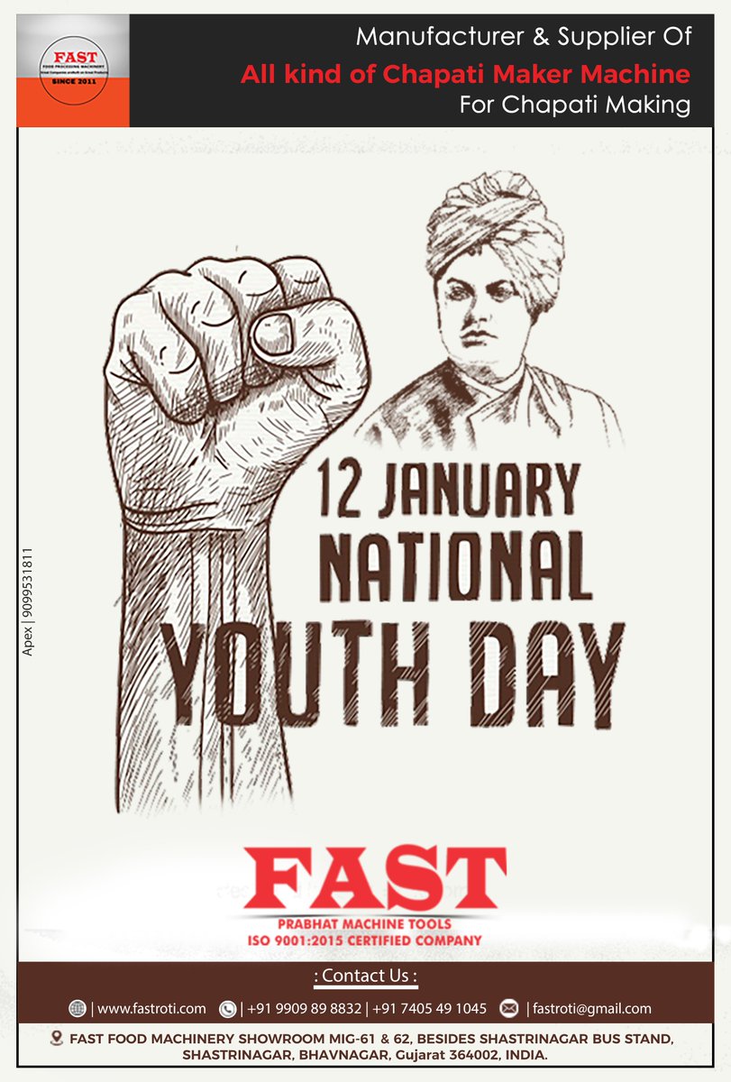 RotiFast's tweet image. Fast Roti
National Youth Day
You cannot believe in God until you believe in yourself.
#NationalYouthDay2021
#hand_press_chapapti_making_machhine  
#roti_making_machine  
#roti_machine  
#soft_roti  
#quick_roti  
#food_machinery_in_bhavnagar 
#fast_roti_making