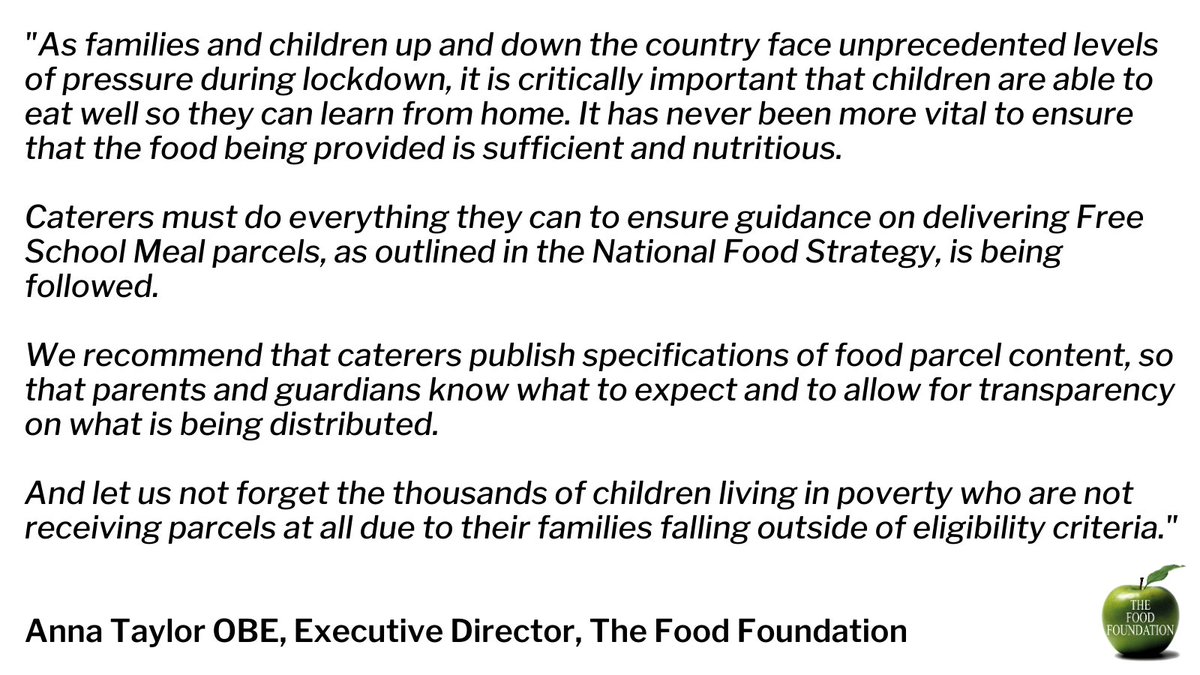 We are calling for transparency on what is being offered in #FreeSchoolMeal parcels to ensure children are able to eat well and learn from home in these unprecedented times.