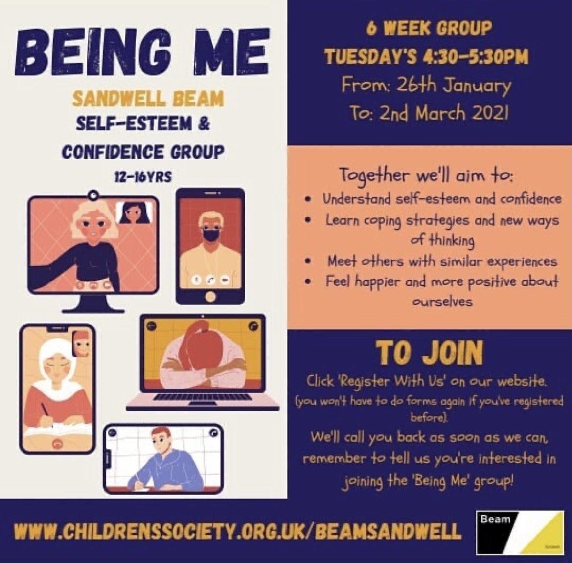 GeorgeSalterAc's tweet photo. @BeamSandwell are hosting an online self-esteem and confidence workshop beginning on the 26th January at 4.30pm. The group is open to students aged 12-16 and will take place every Tuesday at the same time for 6 weeks. https://t.co/FvRL3JVTt2