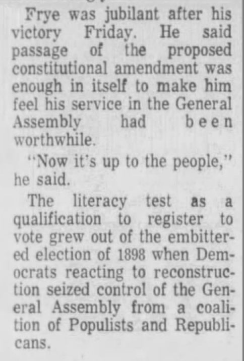 The bill passed both houses easily & upon passage, Frye was “jubilant." Newspaper coverage at the time suggested that it would pass easily (5/10)  #ncpol