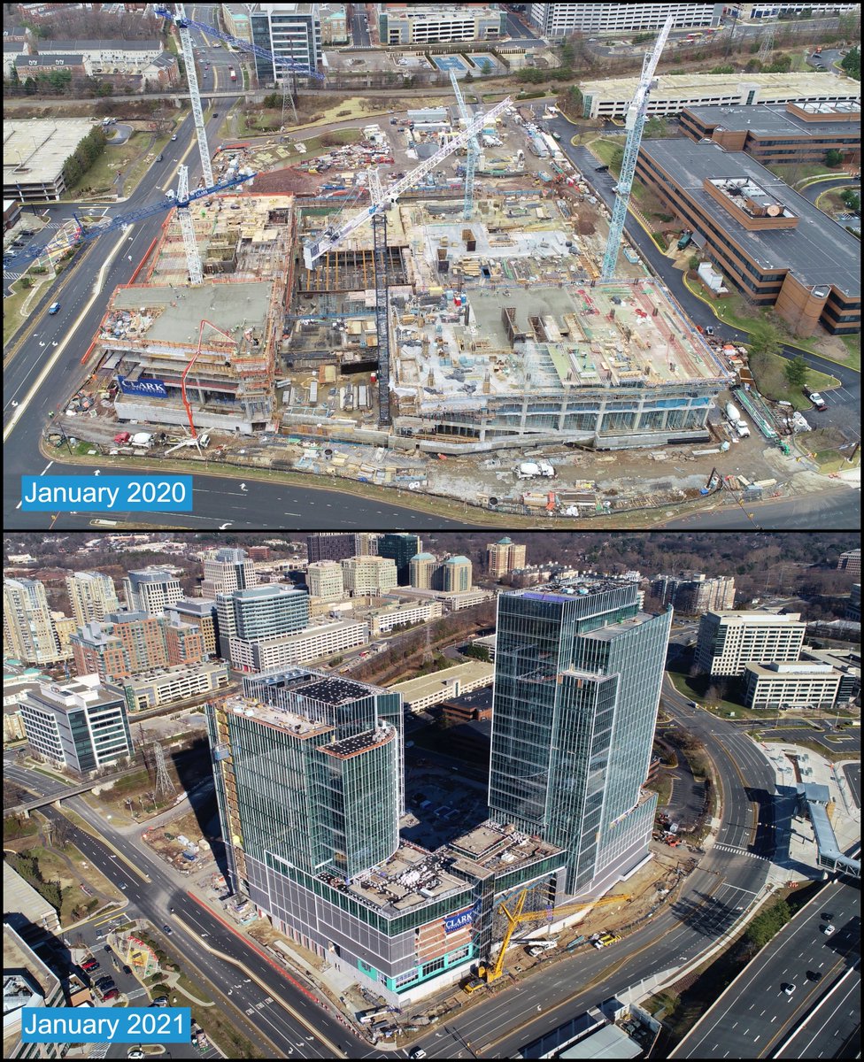 ClarkBuilds's tweet photo. Over the past year, the Clark team has been operating like a well-oiled machine to shape 1950 &amp; 2000 Opportunity Way at Reston Town Center in Virginia!

The new office towers are part of Reston Gateway, a 4.8-million SF, transit-oriented, mixed-use project! #ClarkBuildsVA https://t.co/jWbuYPYLZC