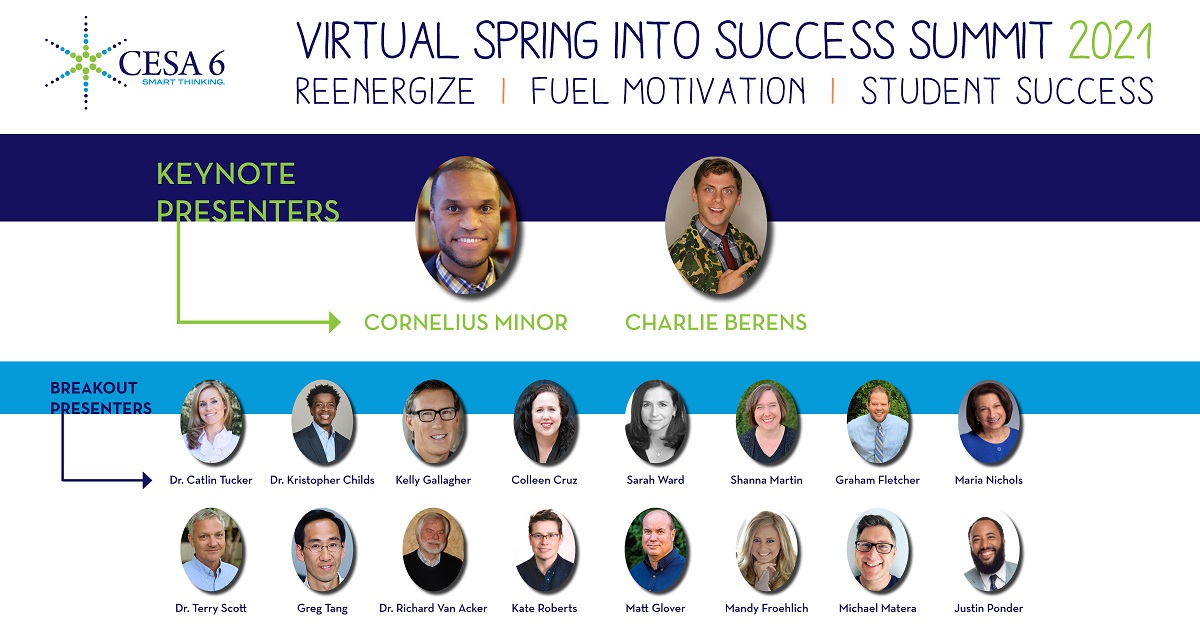 CESA6Literacy's tweet photo. Cornelius @MisterMinor, Kelly @KellyGToGo, Colleen @colleen_cruz, Kate @teachkate, Maria @marianichols45, Matt @Mattglover123, and Justin Ponder are a few amazing Es joining @CESA6 for our annual 'Spring Into Success' Summit on Feb. 15!  Register now--https://t.co/PJIiRT6X54 https://t.co/BwxcBjqSeU