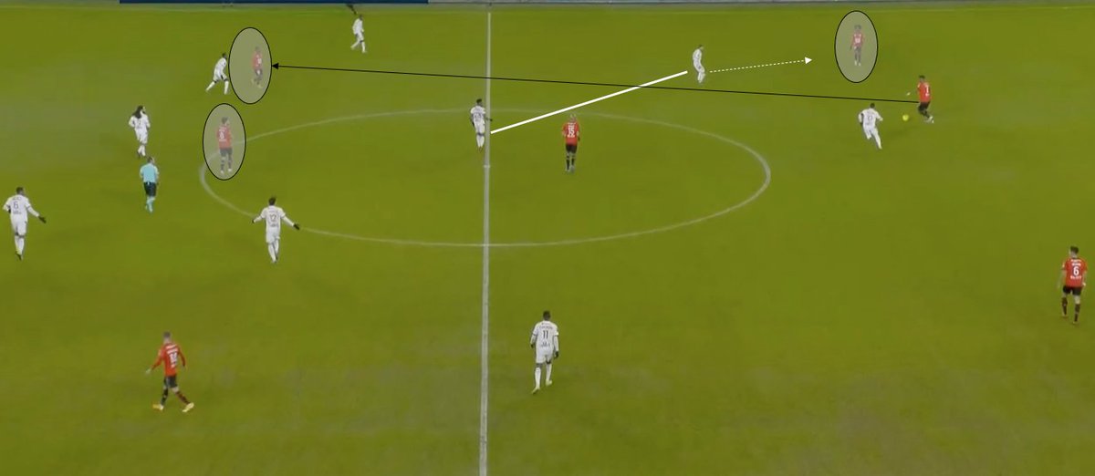 Le décrochage ouvre l'espace pour toucher Doku. La possibilité aurait peut être été de chercher Traoré dans le couloir car Cornet était rentré à l'intérieur. Grenier encore dans le dos et insaisissable malheureusement pas toujours touché par les centraux.