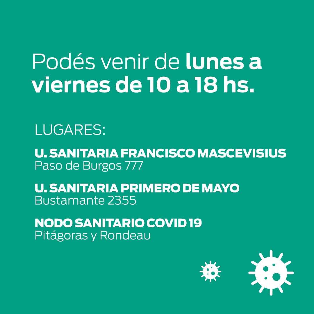 NUEVOS PUESTOS DE HISOPADOS ✔️

Si a lo largo de 72 horas evolucionan 2 o más síntomas compatibles con Covid-19, testeate. Mirá la info del flyer para conocer más sobre el Coronavirus y saber en qué días y horarios podés acercarte a los centros de testeo.