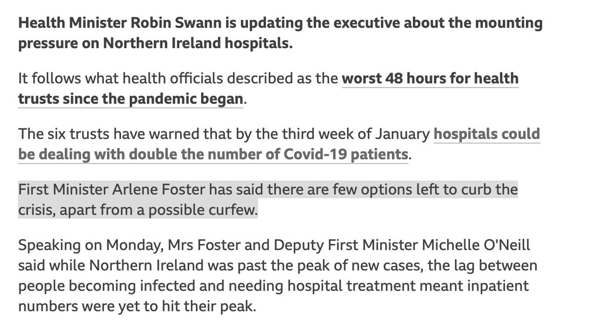 "First Minister Arlene Foster has said there are few options left to curb the crisis, apart from a possible curfew."When your actions don't seem to be working, you change them, you don't double-down. Locking people up indoors will always see an increase in infections.