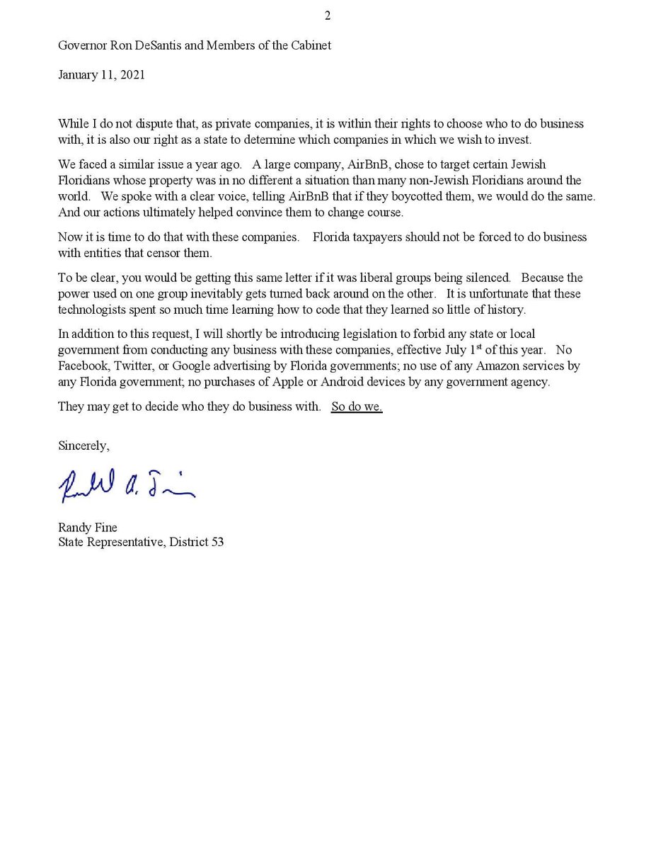 This morning I asked the Governor and Cabinet to divest the state from Amazon, Twitter, Apple, Google, and Facebook. They may get to decide who they do business with. So do we. @Fla_Pol