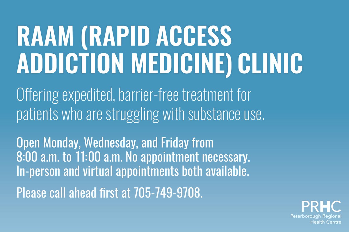 PRHC's Rapid Access Addiction Medicine (RAAM) Clinic offers barrier-free treatment for patients struggling with substance use. RAAM is seeing patients in person and virtually during #COVID19; please call ahead first at 705-749-9708. Learn more: bit.ly/3l9EKGL