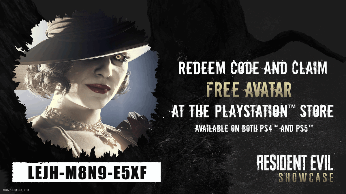 RE_Games's tweet photo. @twifeysonly2 Thanks for the ❤! 

We’ll tweet you on January 21st when the Resident Evil Showcase opens its doors. 

If you own a PS4/PS5, redeem this code in PlayStation Store to get your free PS Avatar! #REShowcase #REVillage https://t.co/uN3twkRfUc