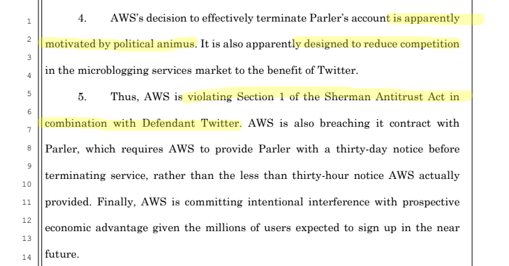 Moving on. They then *specifically allege* that Amazon is motivated by "political animus" before ALSO claiming that it's an antitrust violation.Folks ...
