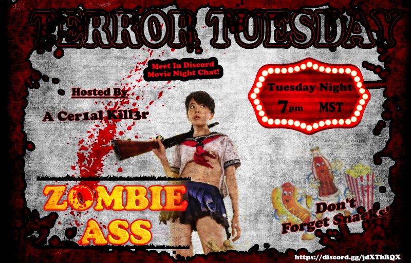 ACER1ALKILL3R's tweet photo. Good morning everyone and here is a treat for us tonight in the @discord at 7pm MST we will be watching #zombieass this will be a epic b rated movie I’m hoping. Grab you chips and holywater and I’ll see you tonight. https://t.co/ZOd86xQORy