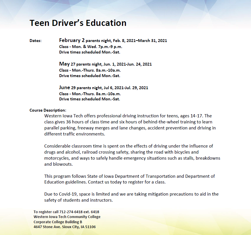 StarsCounseling's tweet photo. @WesternIowaTech is offering Teen Driver's Education.  This is not affiliated with Sioux City Community Schools.  Information is attached.  :) https://t.co/5f4Hh2420Q
