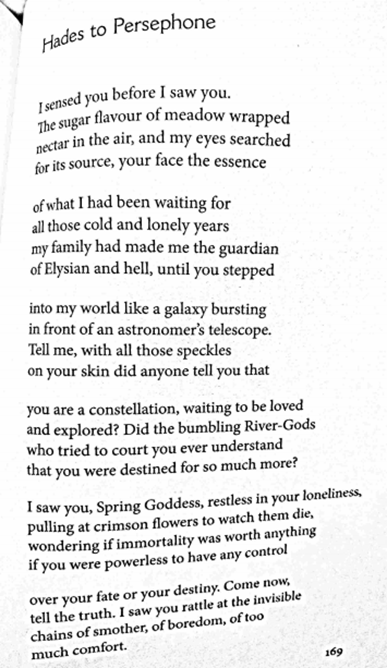 First: "Hades to Persephone"Bad pick up lines; he speaks for her emotions: "restless in your emotions." Language of giving and allowing.This is the language of Hades as simp.
