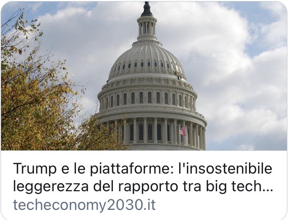 techeconomy2030's tweet photo. #Trump #BigTech #SocialMedia: perché è ora che la politica inizi ad occuparsi degli intrecci tra le piattaforme e i processi democratici. 
La riflessione di @FedericoSantori sui fatti del 6 gennaio nella nuova rubrica  #SostenibilitàSociale 
https://t.co/HY2Gef5ycM https://t.co/5OTnSnc7oi