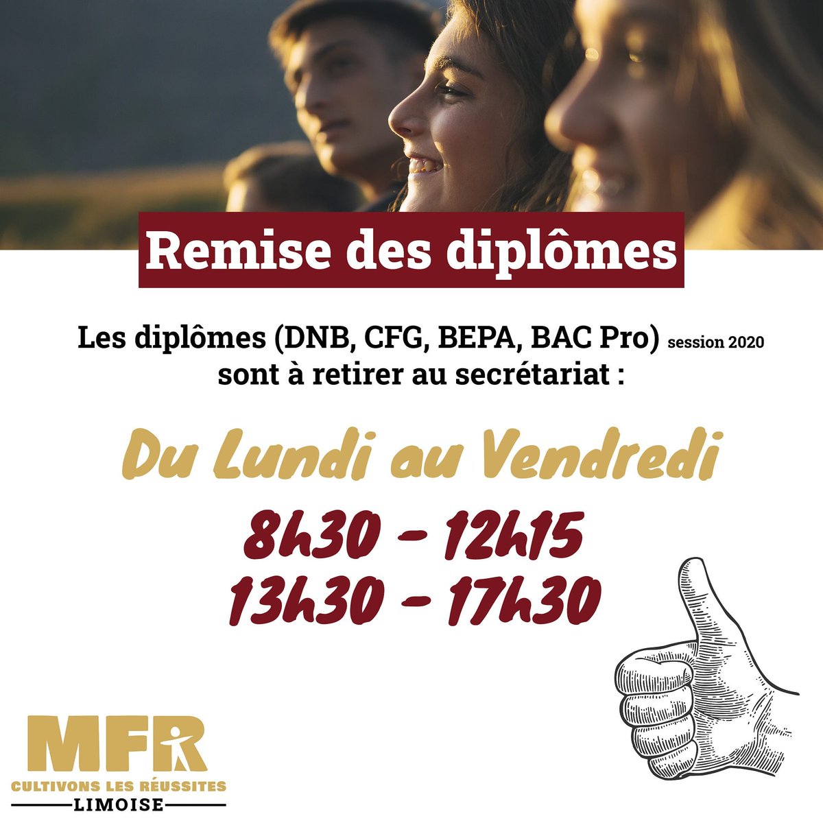 ➡️ En raison du contexte sanitaire, nous ne pouvons pas organiser la traditionnelle remise des #diplômes 👨‍🎓👩‍🎓
👉 Dès aujourd'hui, vous pouvez venir récupérer votre diplôme au secrétariat (du lundi au vendredi 8h30-12h15/13h30-17h30) 
👏👏 Félicitations à nos diplômés de juin 2020