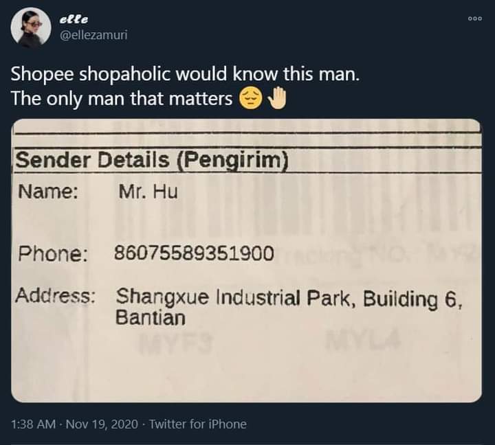 SembangKariBlog's tweet photo. Identiti Mr Hu dari Shopee telah dikenal pasti. Fuh lega dah bukan misteri
#shopee #mrhu https://t.co/RdS3hhcu2X