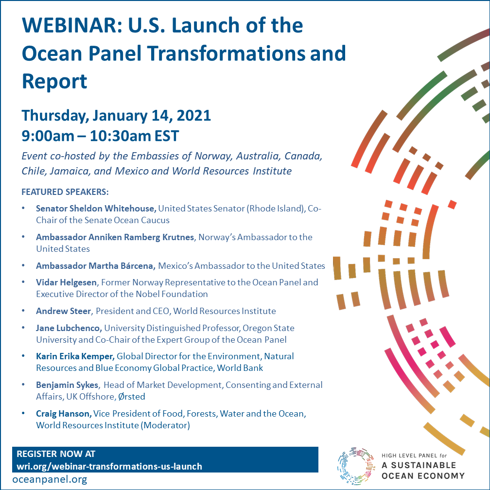 Join the virtual US launch of the #OceanPanel’s new #oceanaction agenda on 14 Jan 09:00 EST feat. @SenWhitehouse @annikenkrutnes @Martha_Barcena @VidarHelgesen @AndrewSteerWRI @JaneLubchenco & others on how to achieve a #SustainableOceanEconomy.

Reg here: bit.ly/3qbfEcn