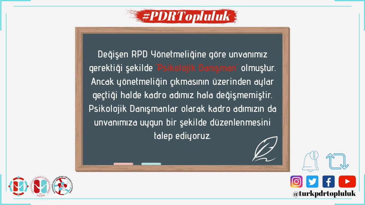 Psikolojik Danışmanların MEB'de kadro adı, Psikolojik Danışman unvanına uygun biçimde TTK Kararı ile yeniden düzenlenmeli ve MEB PDR kadrolarında atamaya esas tek kaynak lisans programı yine PDR olmalıdır. 

#UnvanVarKararYok

<a href="/ziyaselcuk/">Ziya Selçuk</a> 
<a href="/mehmetnezirg/">mehmet nezir gül</a> 
<a href="/bdonmez44/">Burhanettin Dönmez</a>
<a href="/cemgencoglu/">Cem Gençoğlu</a>