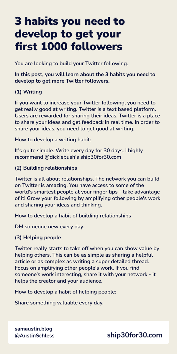You are looking to build your Twitter following.It comes down to 3 habits.In this post, you'll learn about 3 habits to 10x your following.