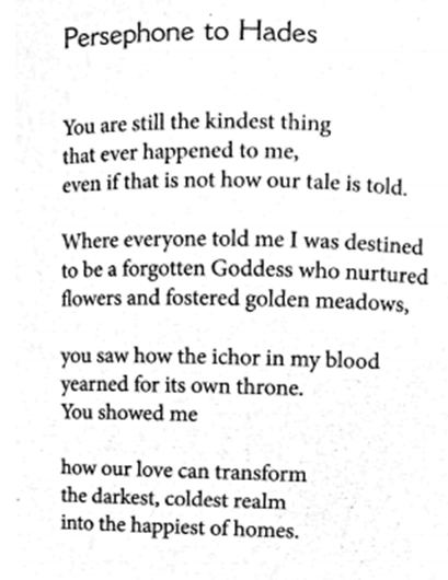 Persephone answers in only four stanzas. She claims her own knowledge over "how our tale is told."