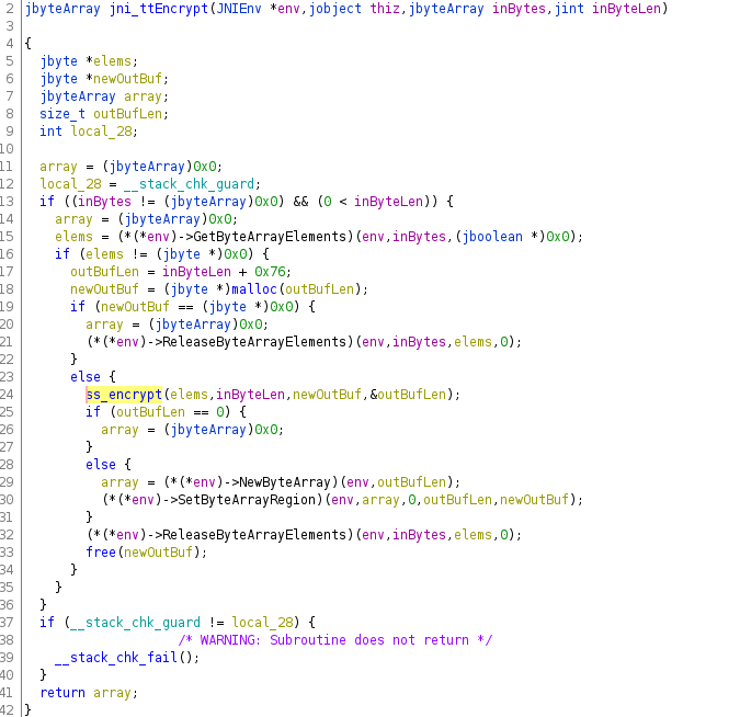 The decompiled code for the respective native JNI function of an older TikTok version looks something like this, but in this example I use the most current TT version (no statical analysis done, yet)