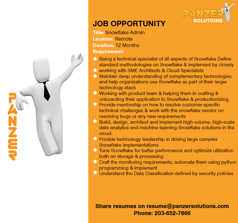 panzersolution's tweet image. Job Title: Snowflake Admin
Location: Remote
Share resumes on resume@panzersolutions.com
Or for more info click on the below link

panzersolutions.com/view_job_oppor…

#PanzerSolutions #SnowflakeAdmin #Snowflake #Admin #panzerjobs #jobseekers #latestjobs #jobs