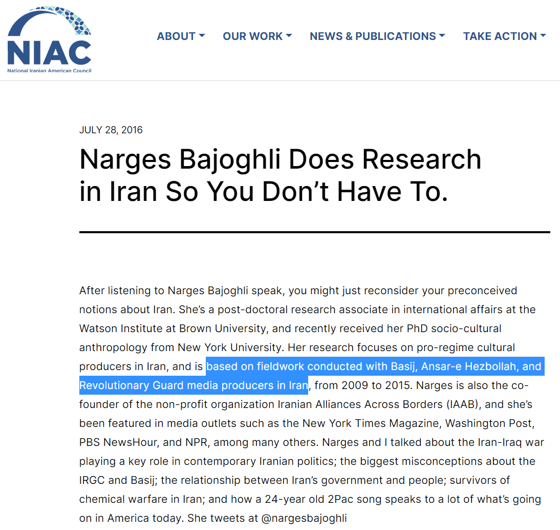 4) @nargesbajoghli of  @JohnsHopkins -has close ties with Iran's chief apologist Zarif-Iran's DC-based lobby arm  @NIACouncil is fond Bajoghli & says she conducted fieldwork with Iran's security forces-always ready to praise Iran's terrorist-designated IRGC