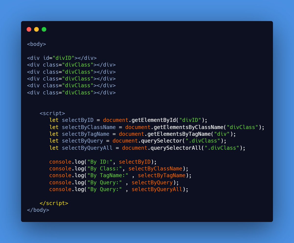 Inside the () of querySelector and querySelectorAll specify the id with prefix "hash" and class with "period". We can also use any other CSS Selector also.Below code specifies the above ways of selecting an element & their output.