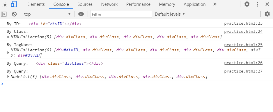 Inside the () of querySelector and querySelectorAll specify the id with prefix "hash" and class with "period". We can also use any other CSS Selector also.Below code specifies the above ways of selecting an element & their output.