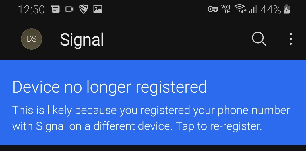 Launching the original Signal app now told me that my device was no longer registered as I'd used my number on a different device (or in this case, app)