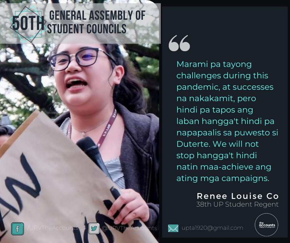 UPVTheAccounts's tweet photo. Napiling 38th Student Regent ang nominee ng UP Diliman at UP Cebu na si Renee Louise Co.
"Marami pa tayong challenges during this pandemic at successes na nakakamit pero hindi pa tapos ang laban hangga't hindi pa napapaalis sa puwesto si Duterte," mensahe niya.
#GASC50
#SR38 https://t.co/CRXyvodTIc