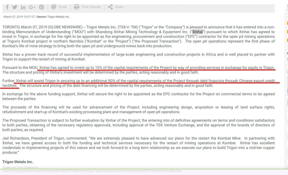 18BTo appreciate what sort of deal Xinhai Mineral EPC are capable of bringing to the party, here's an example of another Africa based deal they signed with Trigon Metals in 2019.10% CAPEX cost in equity stake with willingness to seek out further 80% in Chinese debt financing.