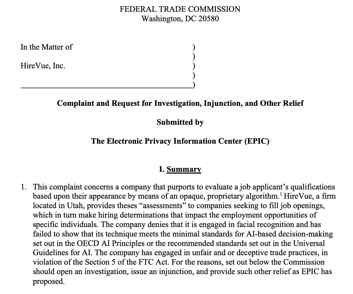 EPIC's complaint called out HireVue's unfair and deceptive use of facial recognition and HireVue's far-fetched claims that its platform could evaluate "psychological traits," "emotional intelligence," and "social aptitudes" based on video of applicants. https://epic.org/privacy/ftc/hirevue/