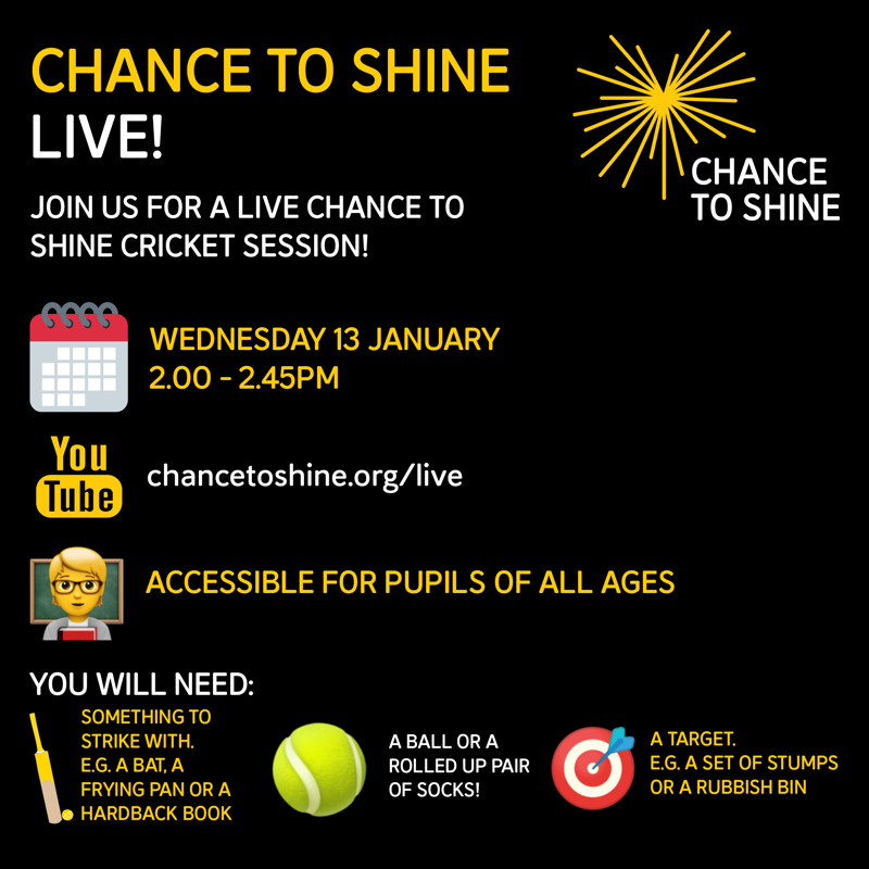 Chance2Shine's tweet photo. Join us this time tomorrow for Chance to Shine LIVE!
We've got a brilliant line up of coaches ready to lead the session:
@Greggers_25
@RehaanSC
@jo_sports
All you need is something to catch, something to hit with and a target 👍
Find out more below👇