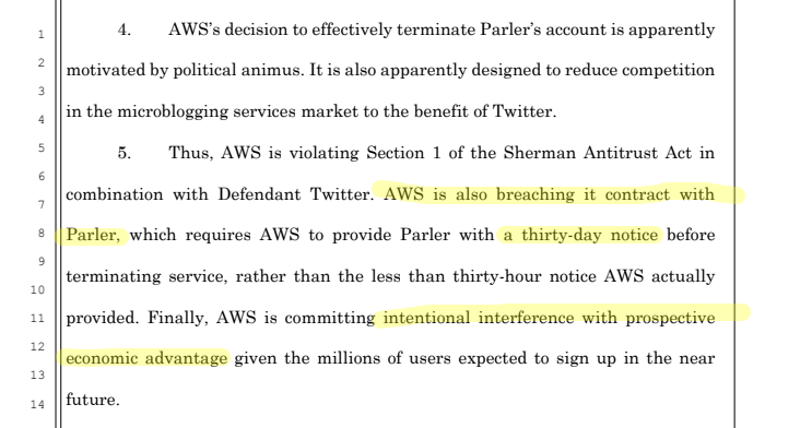 Onward for the rest of the intro, which sets out the claims: Aside from the Sherman Antitrust Act, they're also alleging breach of contract, based on a provision they say gives them a right to 30 days notice of termination (spoiler, it does not), and tortious interference