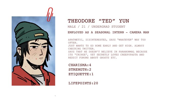 a character for an online rpg sesh me and my friends had back in spring. it was about a paranormal house and a tv show crew!!! 