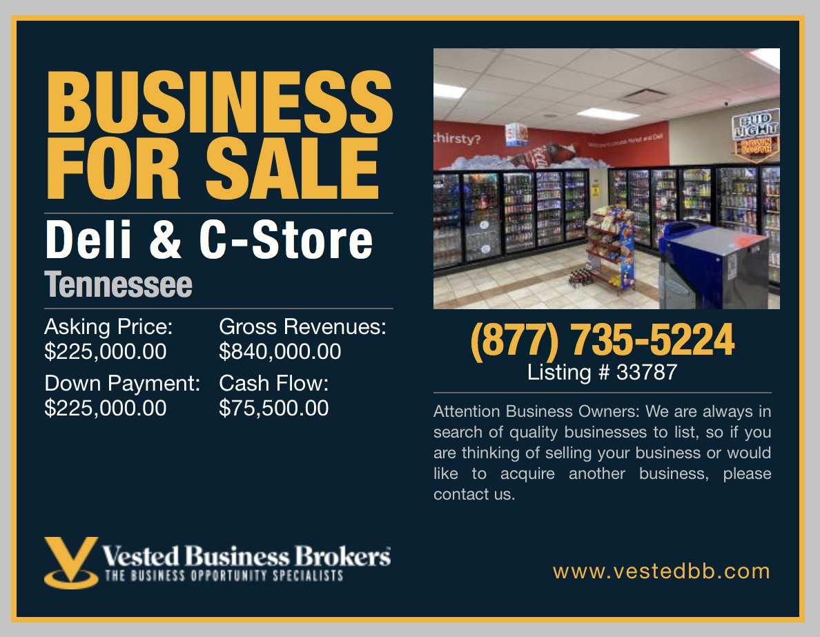 Vestedbb's tweet image. BUSINESS FOR SALE: DELI &amp;amp; C-STORE 

Market and Deli for sale in Tennessee! 
- Established in 2018
- Sells beer  &amp;amp; lottery tickets. 
- Food and health licenses. 
- Excellent foot traffic

For more information on this listing, contact Marc Whirl at 423-320-5832. #fireyourboss