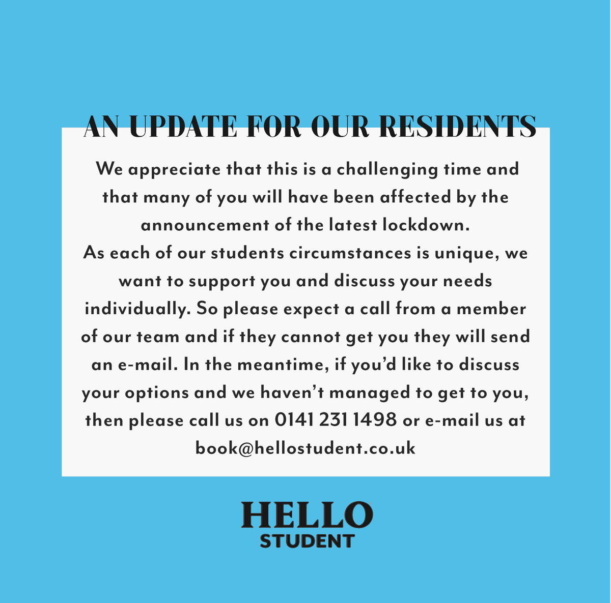 _HelloStudent's tweet photo. An update for our residents: We are here to support you during this latest lockdown and understand that each of your circumstances are unique. That’s why we are contacting each of our residents to discuss their individual needs. #HelloStudent #Covid19
https://t.co/P7sgGDcBFI https://t.co/GpQGZzL4Du