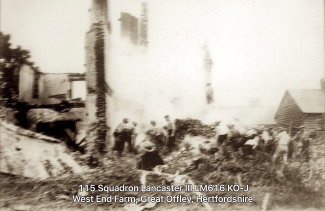 Lancaster LM615, KO-J of 115 Squadron had a particularly tragic end when it crashed into the farmhouse at West End Farm, Great Offley, killing the entire crew, along with three women from the same family, Alice, Mary and Elsie Handley. /23